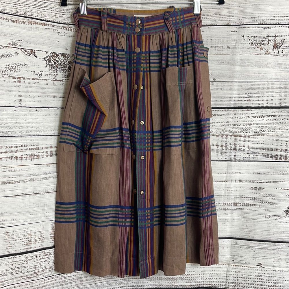 Escada Brown Plaid Midi Skirt with Blue and Purple Stripes - Picture 2 of 11